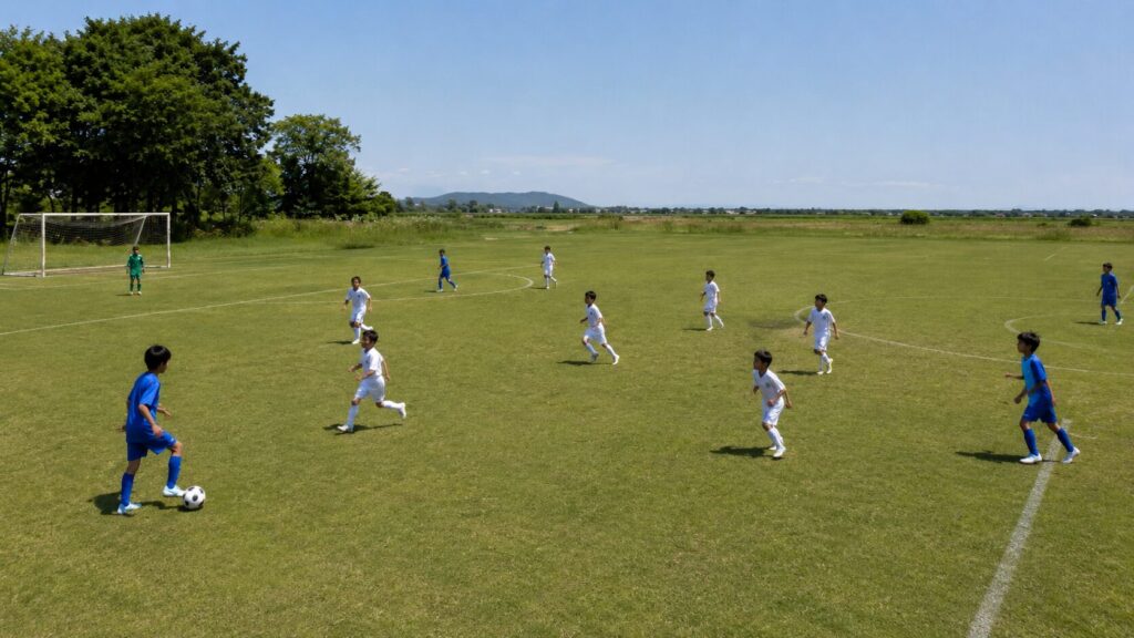 青の選手が左サイドでボールを運び、味方が幅と高さを変えて前進経路を作る8人制サッカー