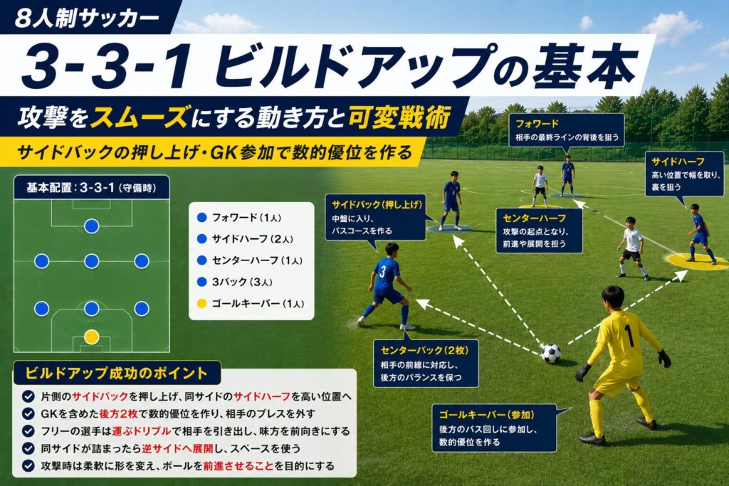 3-3-1の基本配置と、GK参加やサイドバックの押し上げによるビルドアップを示した戦術図