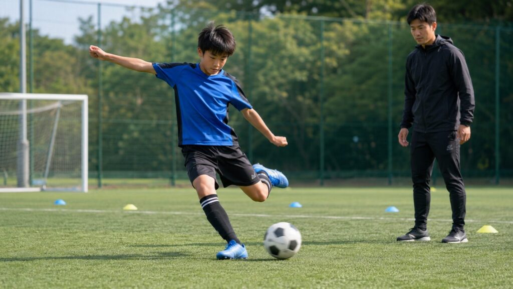 コーチが見守る中で動くボールをインステップキックする少年サッカー選手