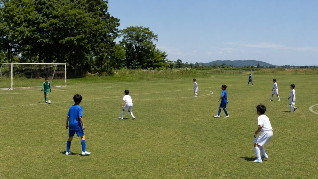 GKがボールを保持し、青と白の選手が広がって3-3-1のビルドアップを始める8人制サッカー