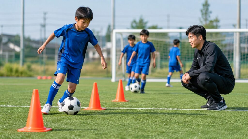 コーンの間でボールを運ぶ小学生選手を、近くで姿勢を低くして見守るコーチ