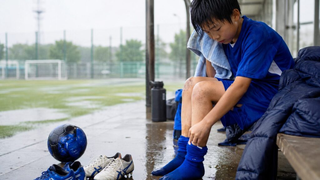 雨天のサッカー場で濡れた靴下を履き替え、予備スパイクを準備する子供