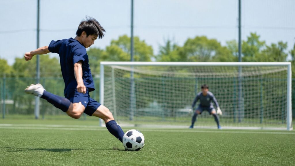ゴールに向かって低く強いインステップシュートを放つサッカー選手