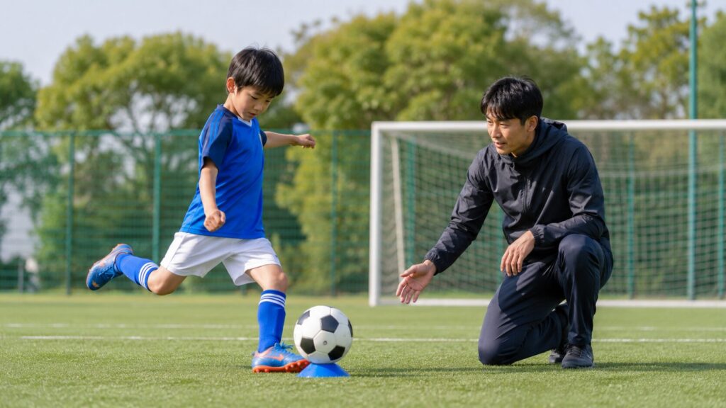 コーチの指導を受けながら台に置いたボールでインステップキックを練習する小学生