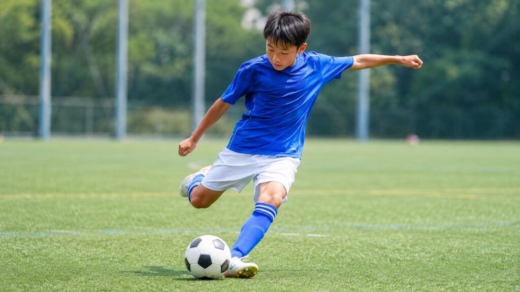 サッカー場で少年が正しいフォームでインステップキックを蹴る様子
