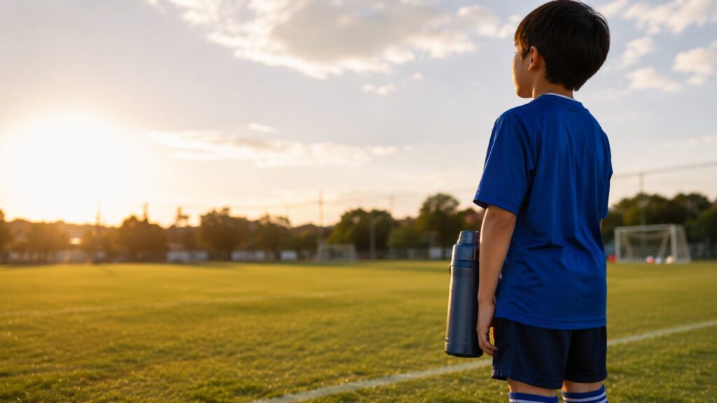夏のサッカー部活で水分補給をする中学生選手