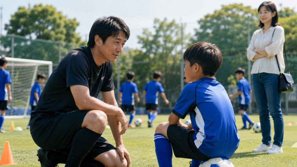 練習中のグラウンド脇で、子どもと目線を合わせて対話するコーチと見守る保護者