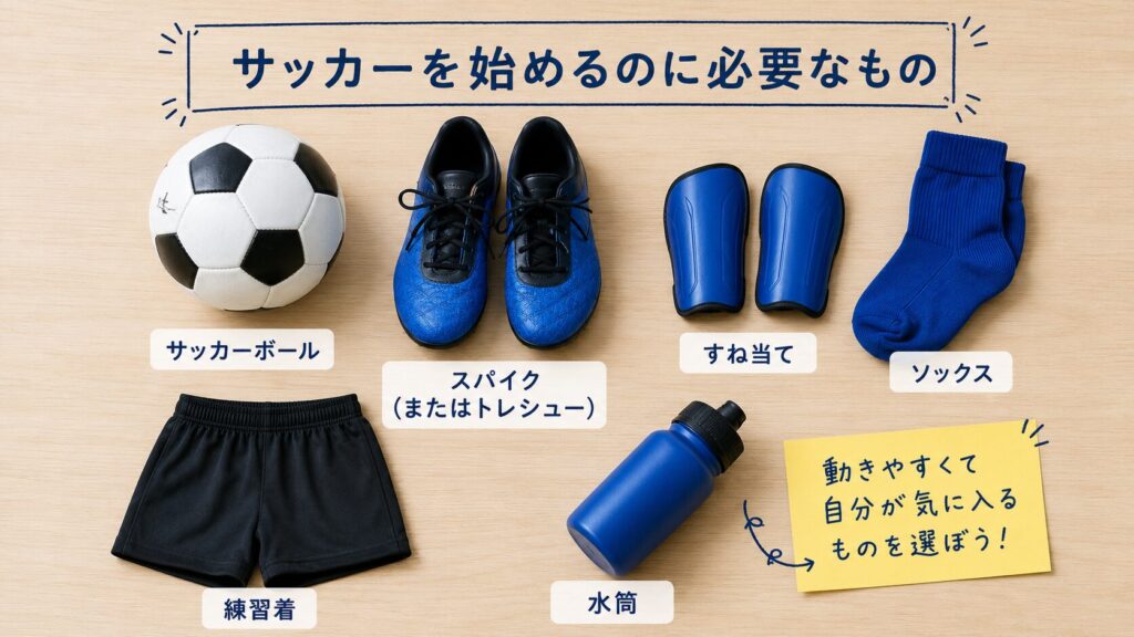 木目の上にサッカーボール、シューズ、すね当て、ソックス、練習着、水筒を並べた準備品一覧