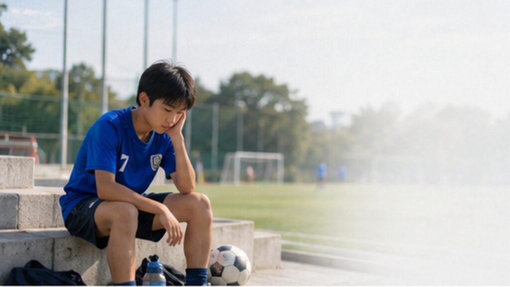 サッカー場の階段に座り、ボールと水筒を横に置いて片手をこめかみに当てる少年