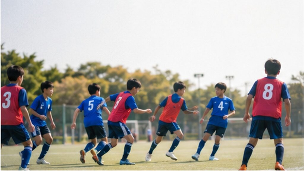 赤いビブスと青いユニフォームの小学生が中盤でボールを巡って動く8人制サッカーの練習