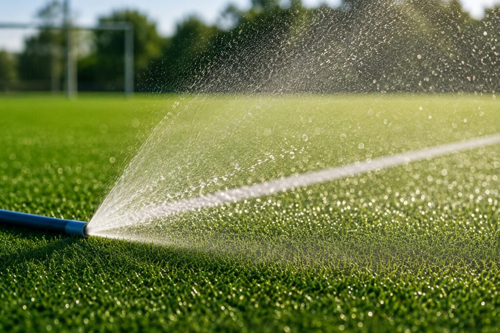 強い日差しの中でホースから人工芝グラウンドへ水をまき、表面を散水する場面