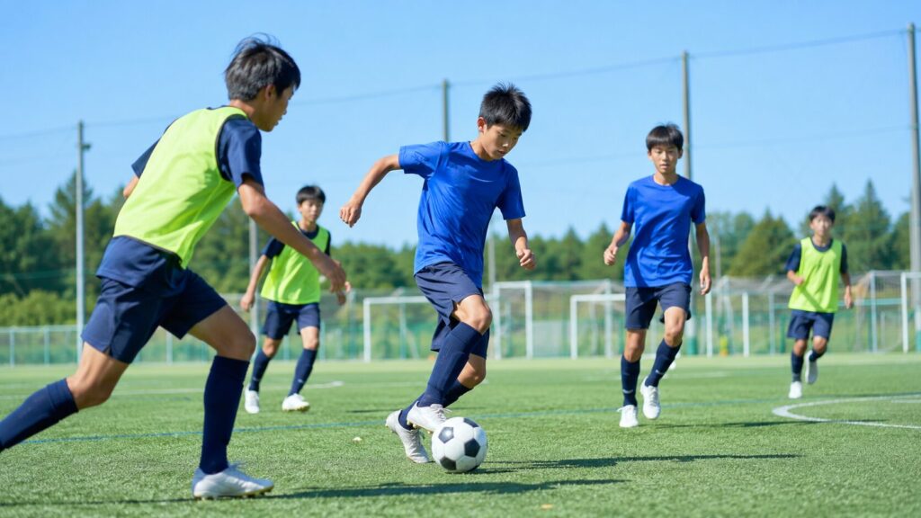 人工芝のグラウンドで中学生年代の選手が5号球を使い、対人形式のジュニアユース練習に取り組む場面