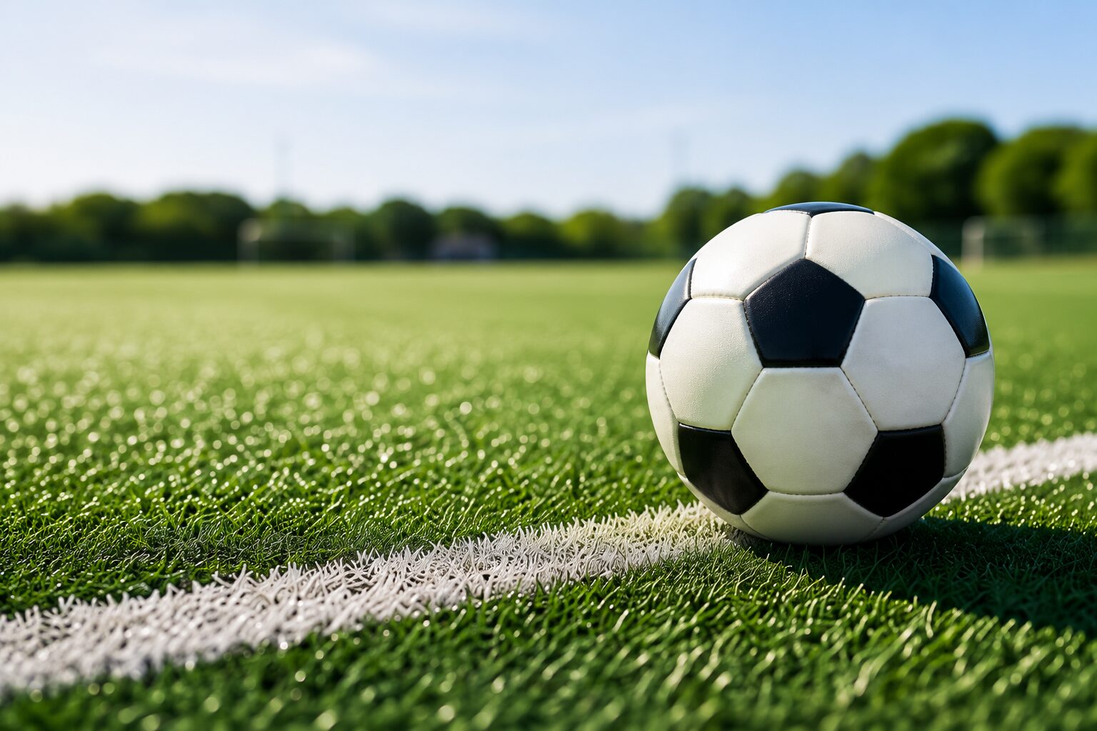白線の引かれた人工芝グラウンドに置かれたサッカーボールと強い日差しを受けるピッチ