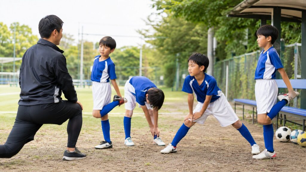 サッカー場脇でコーチの動きを見ながら、太ももや脚を伸ばす小学生サッカー選手たち