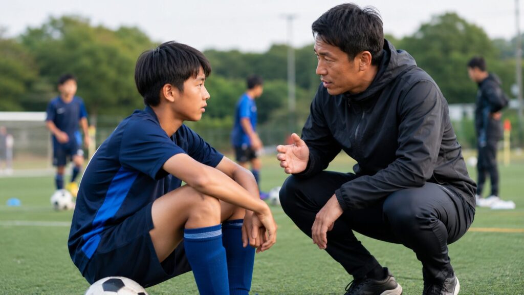 練習中の選手とコーチが目線を合わせ、プレーについて落ち着いて会話するジュニアユースの指導場面