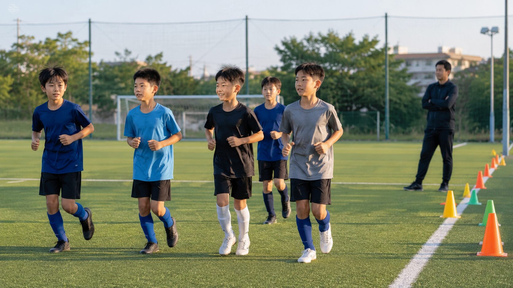 サッカー場でコーチが見守る中、複数の小学生選手がクールダウンの軽いジョギングを行う