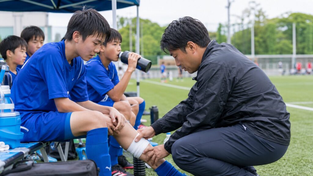 ベンチ付近でスタッフが選手の脚を確認し、周囲の選手が水分補給を行う安全管理の場面
