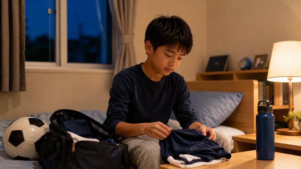 夜の自室でサッカーウェアを整え、ベッド脇にボールと水筒を置いて休息の準備をする小学生
