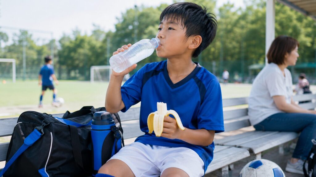 練習後のベンチで水を飲み、バナナを食べながら水分とエネルギーを補給する小学生選手