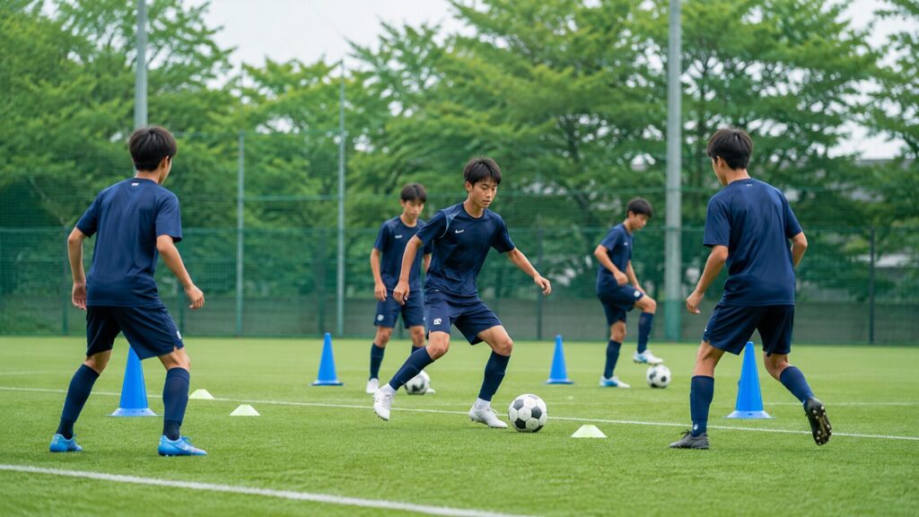 コーンを配置した人工芝で、複数の選手がボールコントロールや基礎技術の反復練習を行う場面